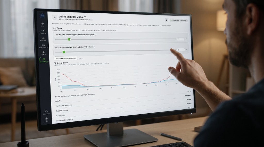 Lohnt sich der Zubau? Maestro Sizing Advisor am Bildschirm mit Slider für hypothetische Batterie und PV