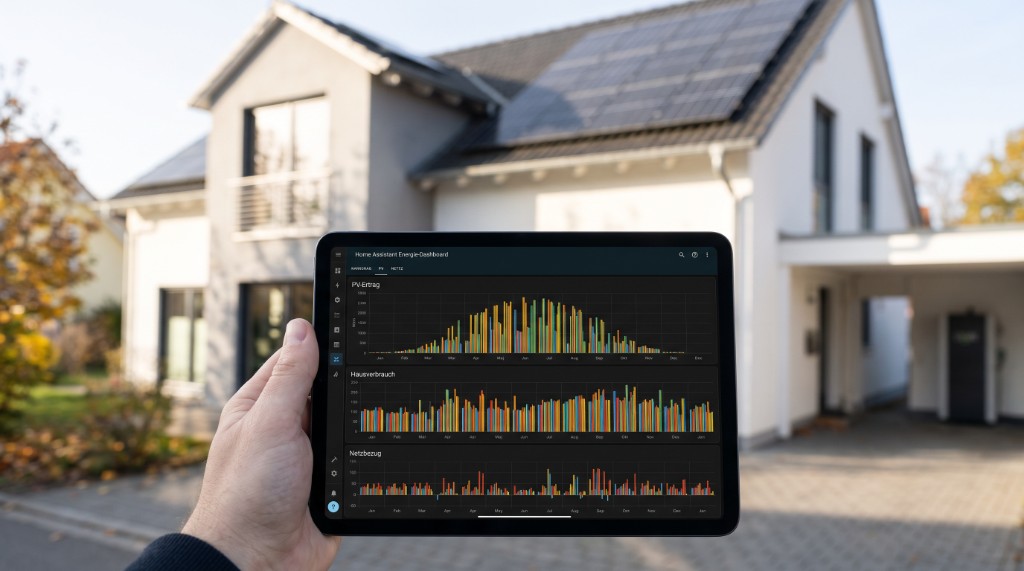 Die lückenlose Datenaufzeichnung — Home Assistant Energie-Dashboard mit Jahresverlauf vor dem Eigenheim